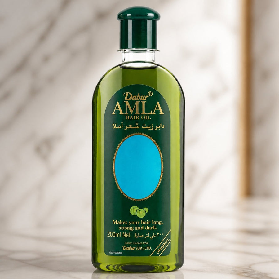 Huile capillaire Dabur Amla 200 ml - Soin cheveux – gros plan sur les détails et la finition du packaging