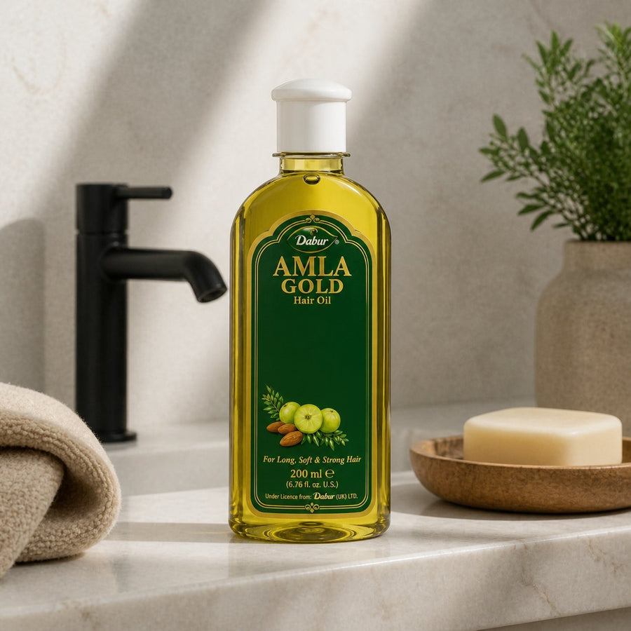 Huile Amla Gold Dabur 200 ml - Huile Capillaire – présentation du produit dans une salle de bain lumineuse et naturelle