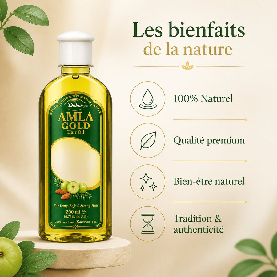 Huile Amla Gold Dabur 200 ml - Huile Capillaire – infographie des bienfaits et des ingrédients clés