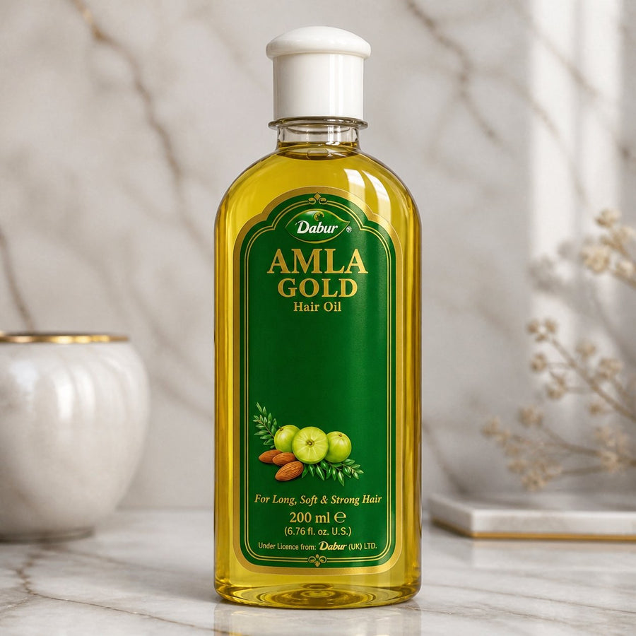 Huile Amla Gold Dabur 200 ml - Huile Capillaire – gros plan sur les détails et la finition du packaging