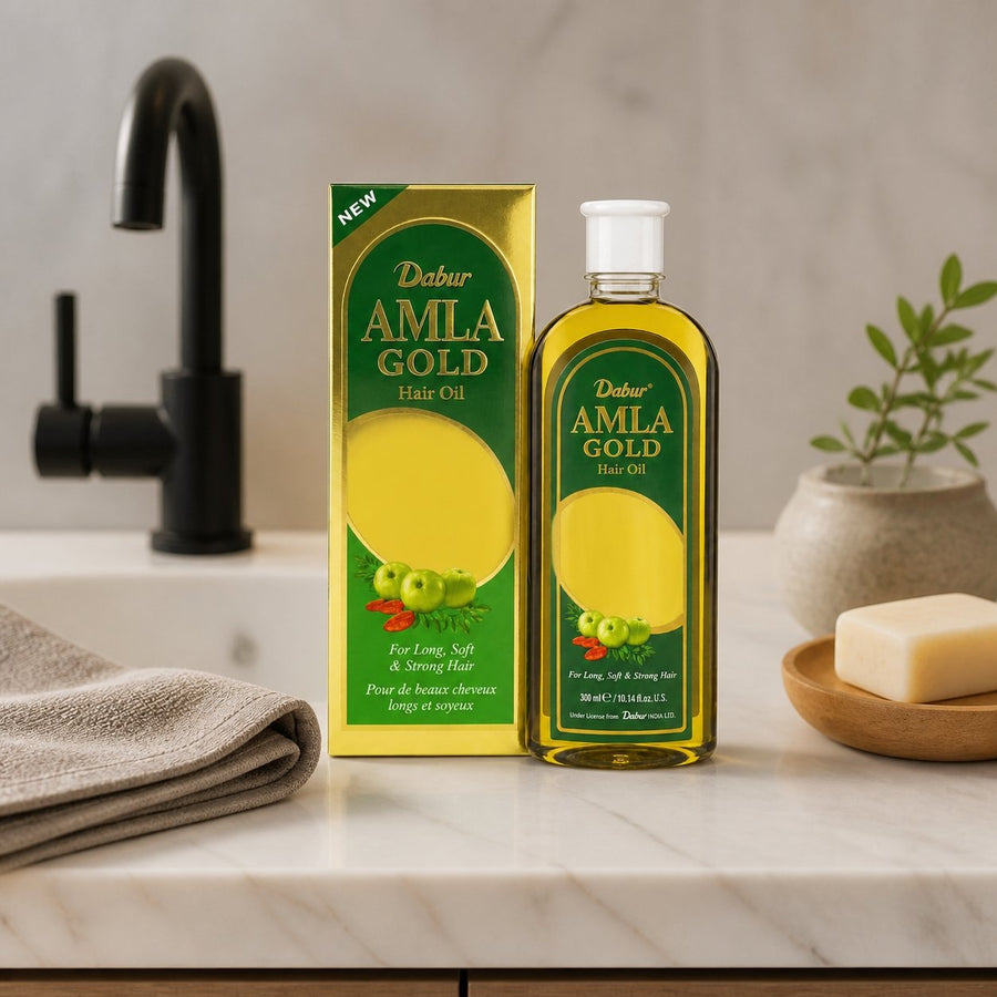 Huile Amla Authentique 100mL - Huile de Beauté Indiennes Fortifiant – présentation du produit dans une salle de bain lumineuse et naturelle