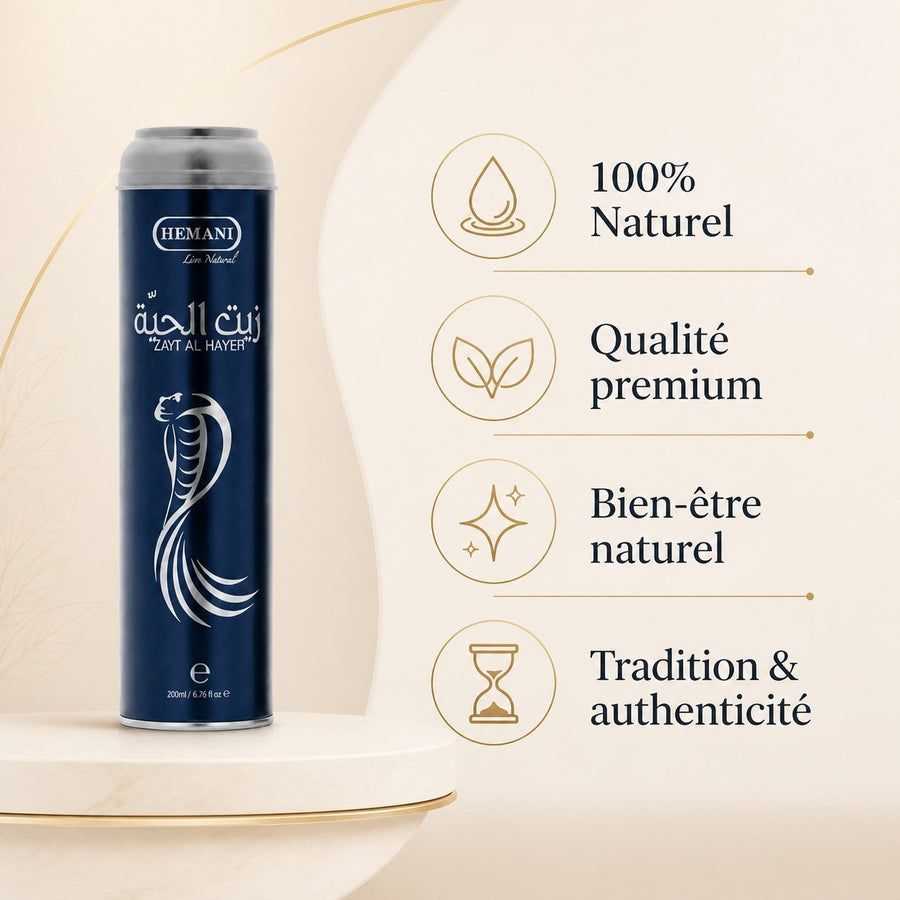 5 Huiles de Serpent Pour la Pousse des Cheveux Zait Al Hayee - Hemani - 250 ml – infographie des bienfaits et des ingrédients clés