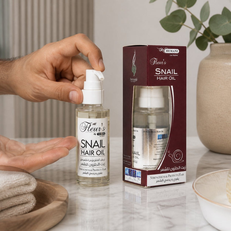Pack 1 Crème à la bave d'escargot + 1 Huile d'escargot HEMANI 60ml – application en situation réelle, geste de soin quotidien
