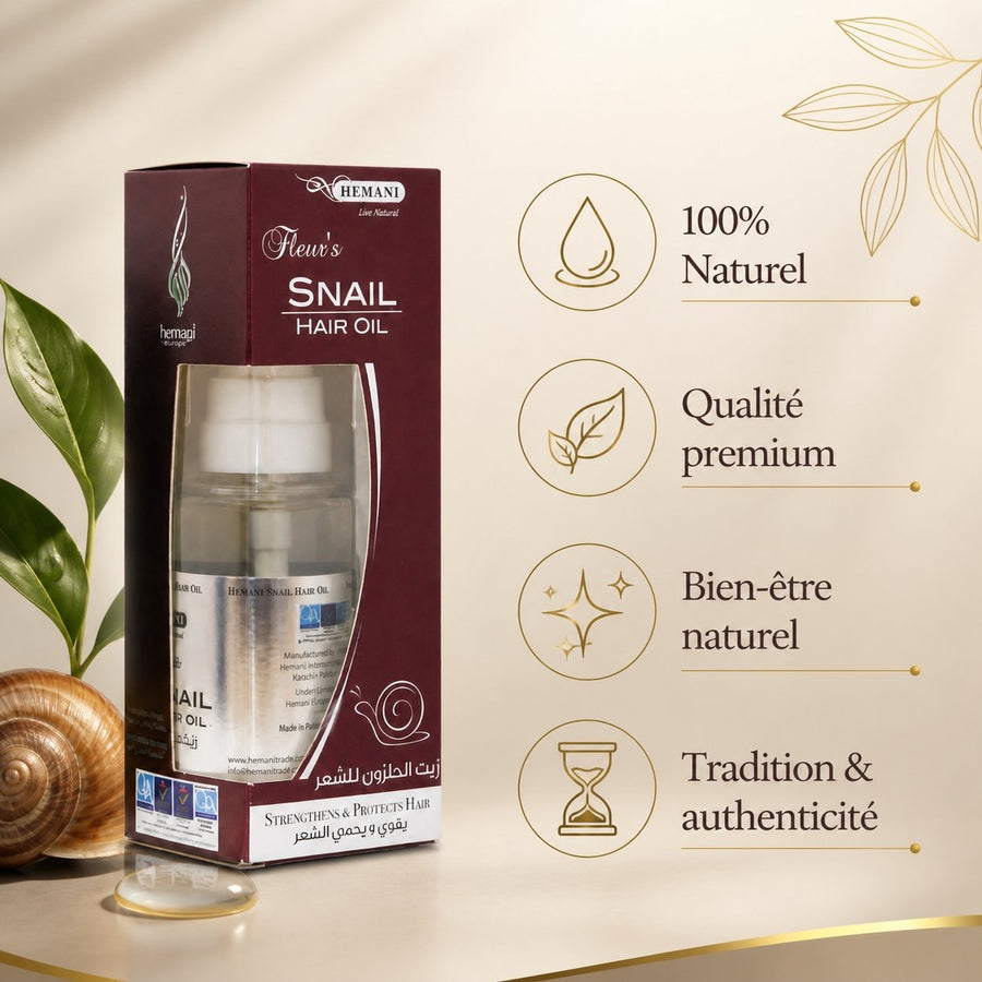 Pack 1 Crème à la bave d'escargot + 1 Huile d'escargot HEMANI 60ml – infographie des bienfaits et des ingrédients clés