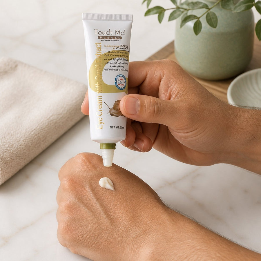 Pack 1 Crème à la bave d'escargots+Crème à la bave d'escargot contour des yeux – application en situation réelle, geste de soin quotidien