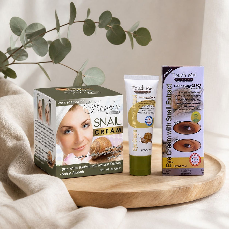 Pack 1 Crème à la bave d'escargots+Crème à la bave d'escargot contour des yeux – composition sur plateau en bois