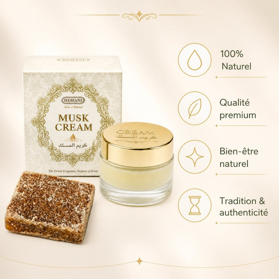 Pack crème musc + 1 carré de musc ambré – parfum solide – infographie des bienfaits et des ingrédients clés