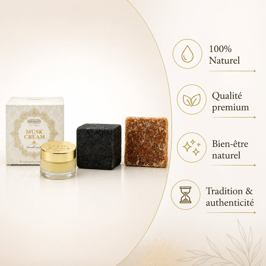 Pack crème musc + 2 carrés de musc ambré et noir – parfum solide – infographie des bienfaits et des ingrédients clés
