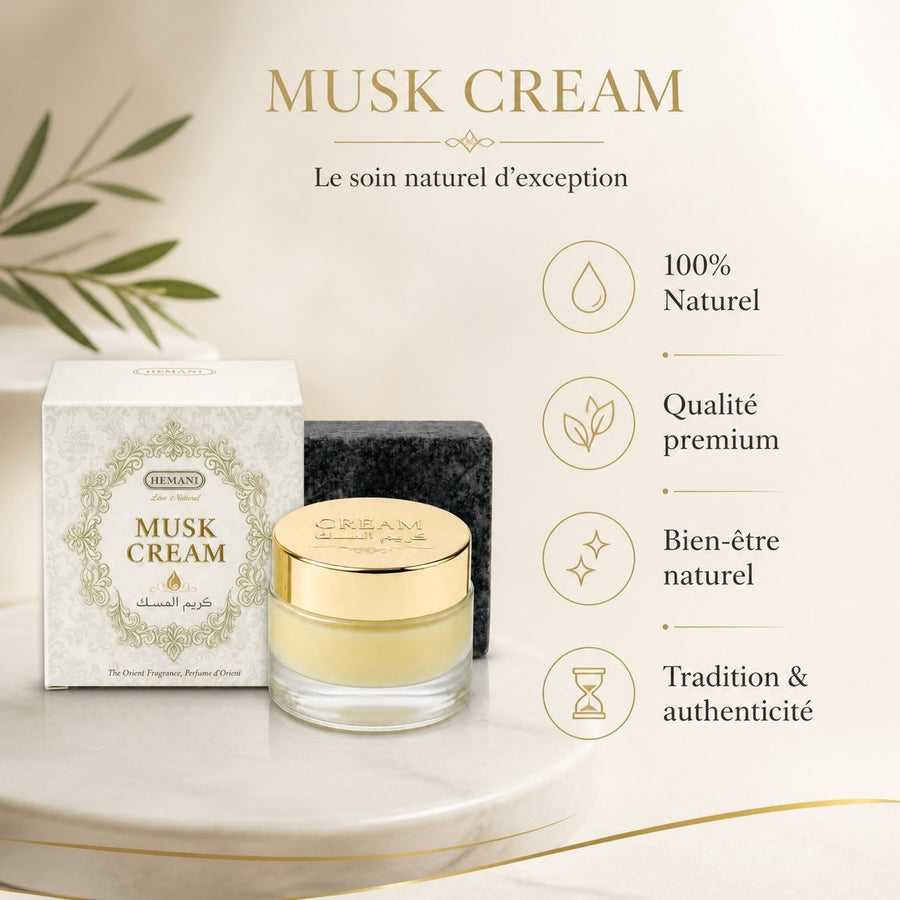 Pack crème musc + 1 carré de musc noir – parfum solide – infographie des bienfaits et des ingrédients clés