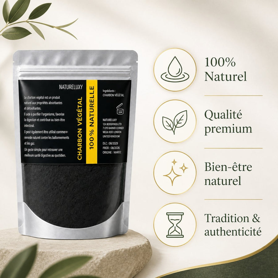Pack 1 Poudre de Charbon Blanchiment des Dents + 2 Dentifrice Miswak SANS FLUOR – infographie des bienfaits et des ingrédients clés