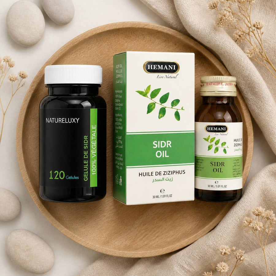 Pack 120 gélules de Sidr + Huile de Sidr 30mL Hemani – composition flat lay avec éléments naturels, vue du dessus