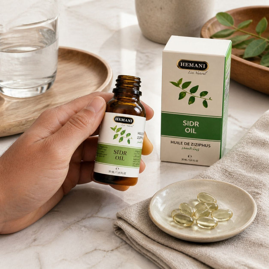 Pack 120 gélules de Sidr + Huile de Sidr 30mL Hemani – application en situation réelle, geste de soin quotidien
