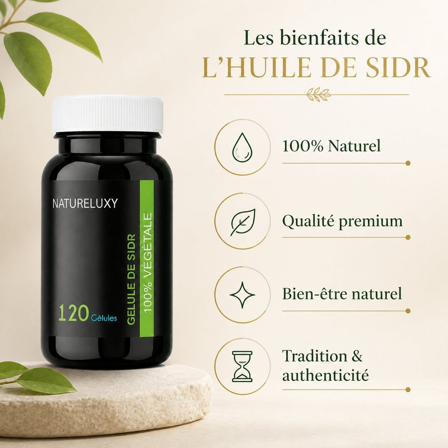 Pack 120 gélules de Sidr + Huile de Sidr 30mL Hemani – infographie des bienfaits et des ingrédients clés