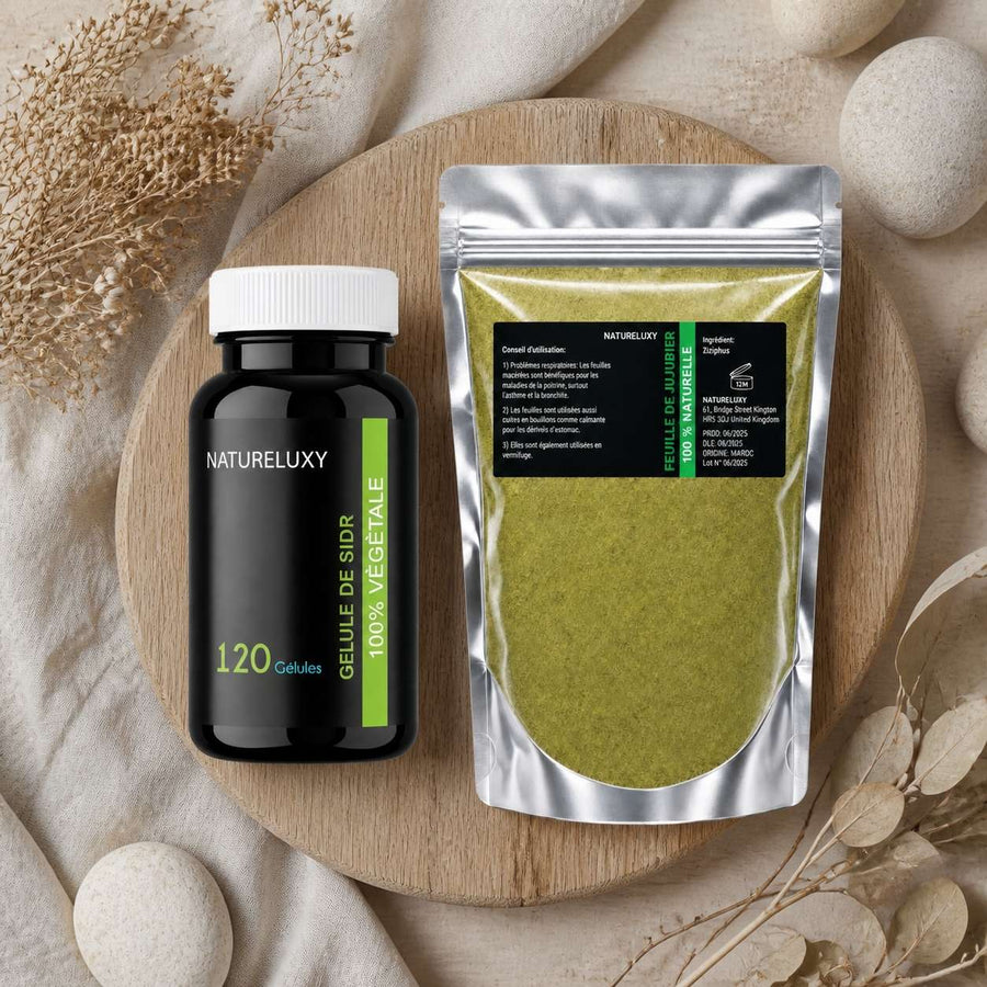 Pack 120 gélules de Sidr + Poudre de Sidr 80g (Feuilles de Jujubier) – composition flat lay avec éléments naturels, vue du dessus