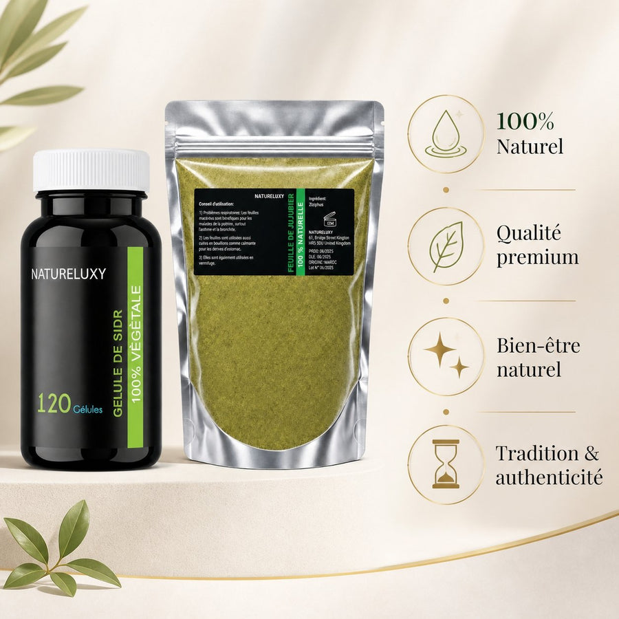 Pack 120 gélules de Sidr + Poudre de Sidr 80g (Feuilles de Jujubier) – infographie des bienfaits et des ingrédients clés