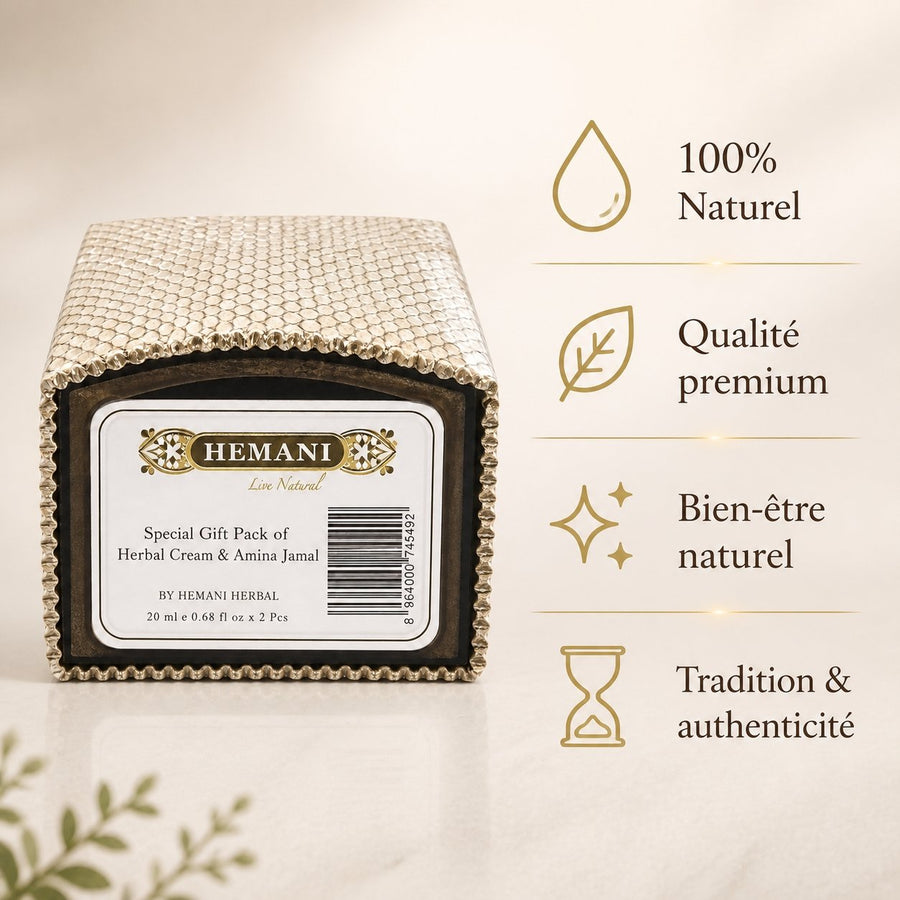 Pack crème musc + 2 carrés de musc ambré Hemani – parfum solide – infographie des bienfaits et des ingrédients clés