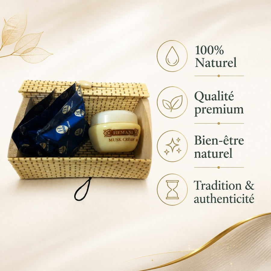 Pack crème musc + 2 carrés de musc blanc jamid Hemani – parfum solide – infographie des bienfaits et des ingrédients clés