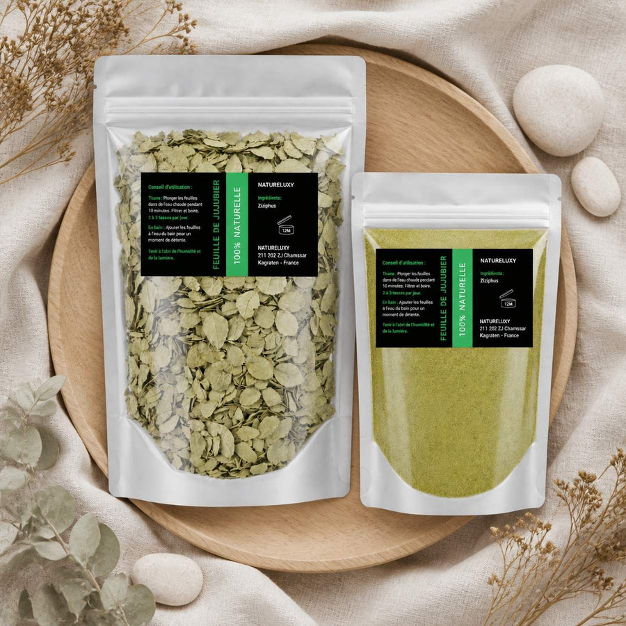 Pack Feuille de Sidr 100g + Poudre de Sidr 80g (Feuilles de Jujubier) – composition flat lay avec éléments naturels, vue du dessus