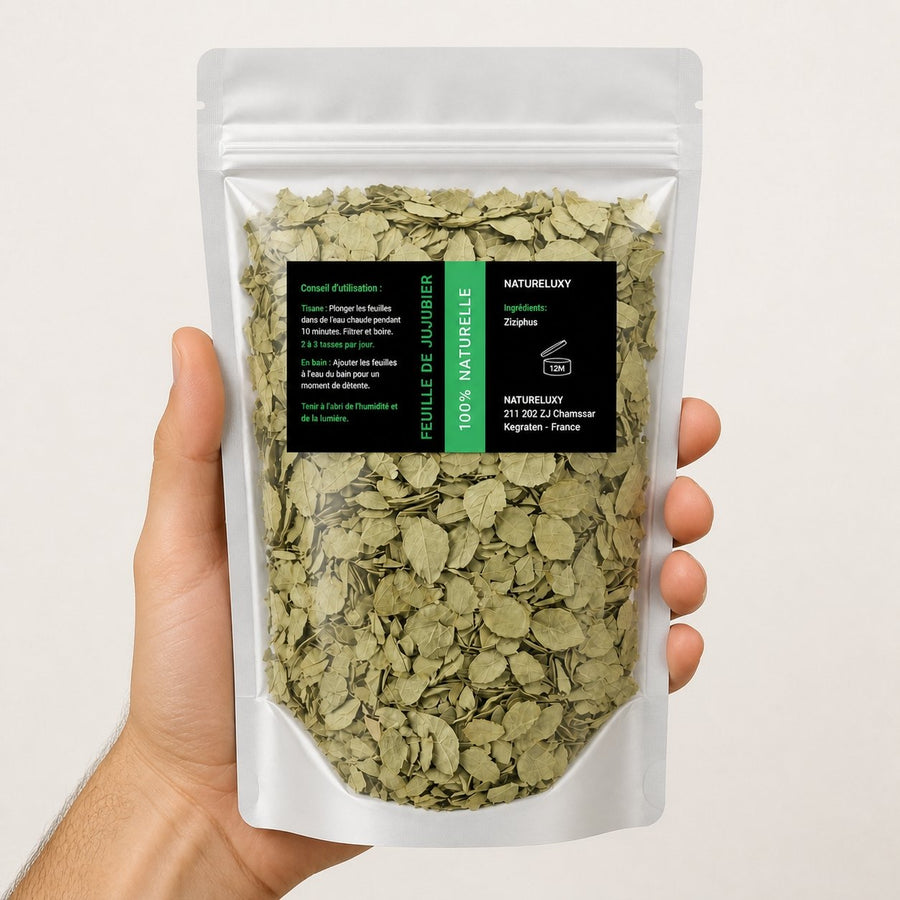 Pack Feuille de Sidr 100g + Poudre de Sidr 80g (Feuilles de Jujubier) – taille et contenance réelles du produit en main