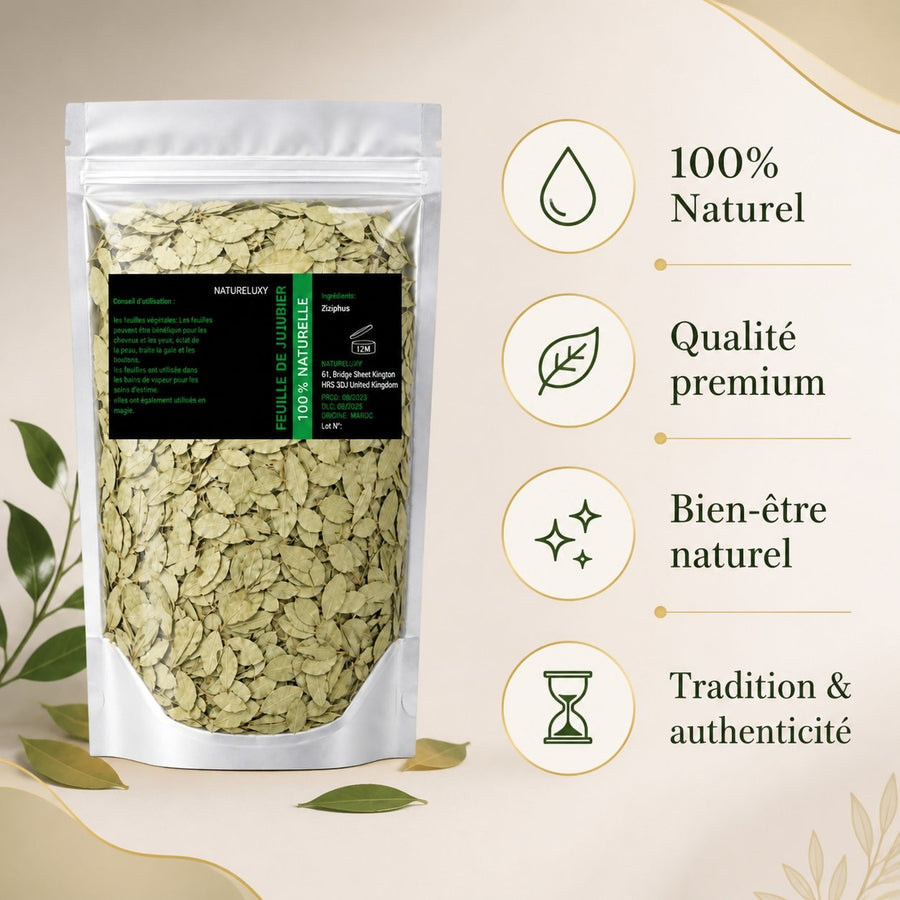 Pack Feuilles de séné - 80 g 100% Naturel + Feuille de Sidr 100g – infographie des bienfaits et des ingrédients clés