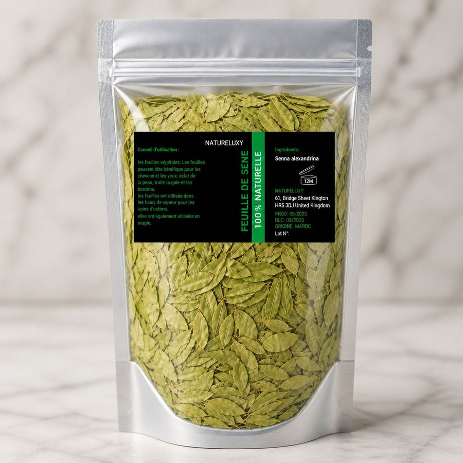 Pack Feuilles de séné - 80 g 100% Naturel + Feuille de Sidr 100g – gros plan sur les détails et la finition du packaging