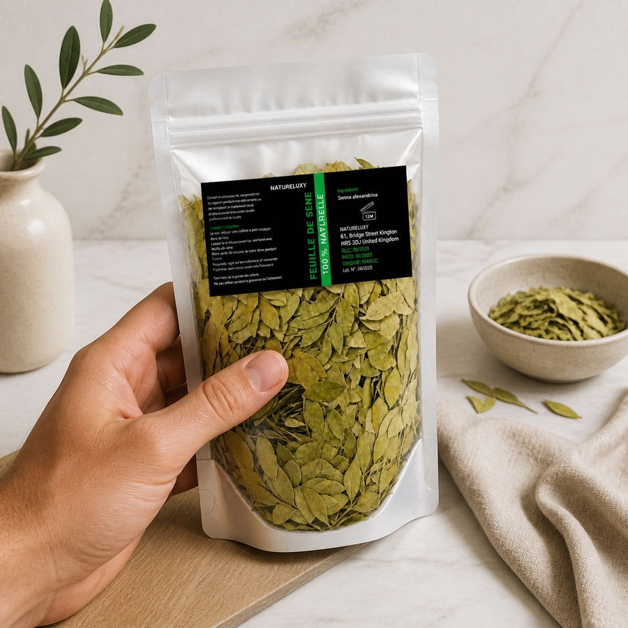 Pack Feuilles de séné - 80 g 100% Naturel + Poudre de Sidr 80g – application en situation réelle, geste de soin quotidien
