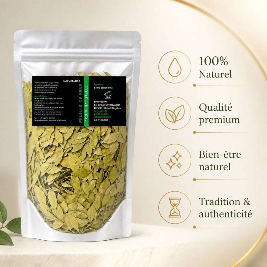 Pack Feuilles de séné - 80 g 100% Naturel + Poudre de Sidr 80g – infographie des bienfaits et des ingrédients clés