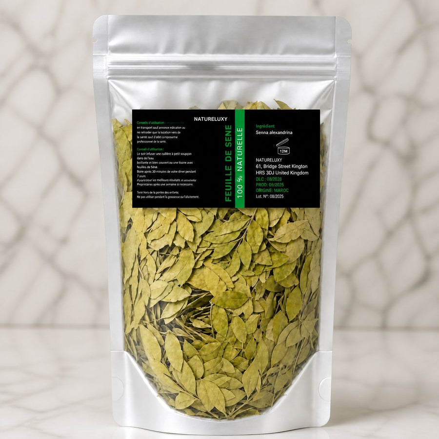 Pack Feuilles de séné - 80 g 100% Naturel + Poudre de Sidr 80g – gros plan sur les détails et la finition du packaging