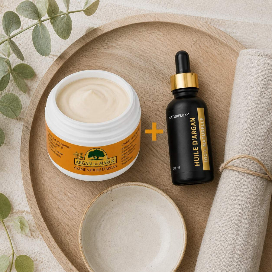 Pack Huile d'Argan 30mL Pipette + Crème à l'Huile d'Argan – rituel d'utilisation vu du dessus, ambiance naturelle zen