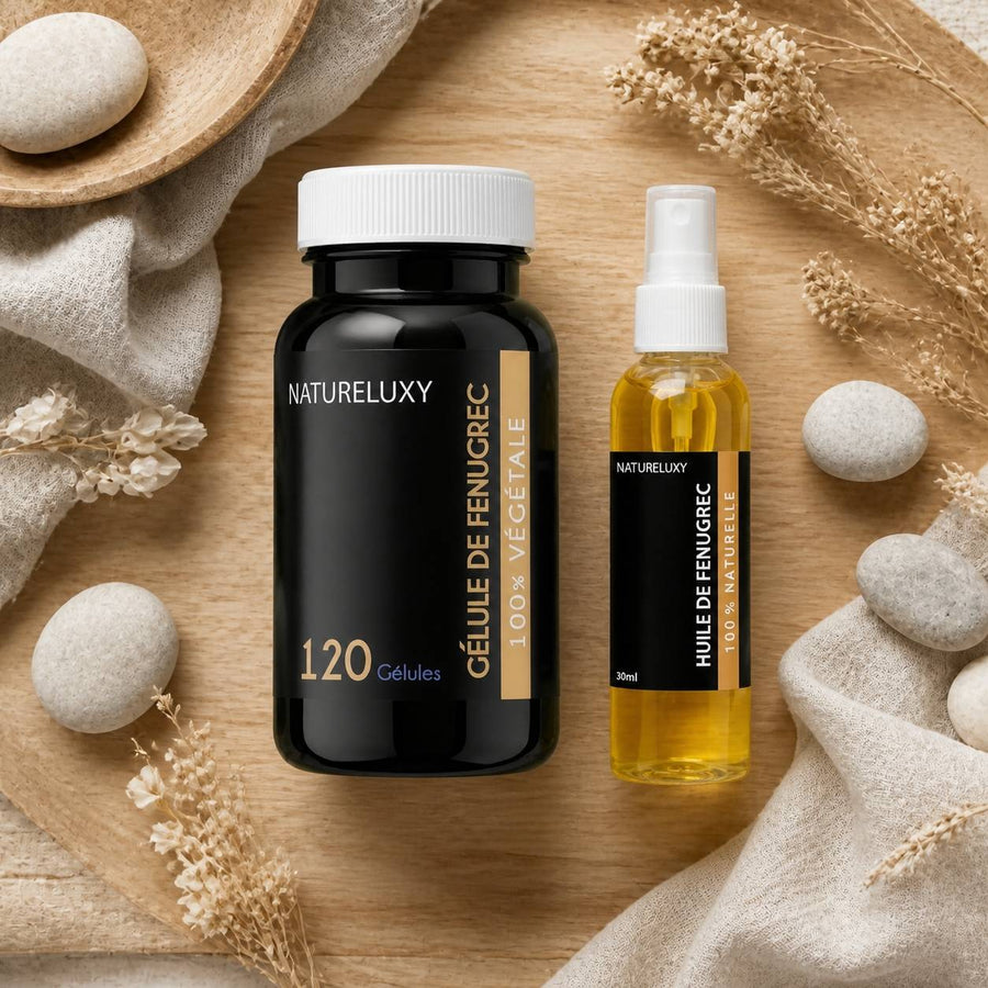Pack Huile de Fenugrec 30mL 100% Naturelle Spray + 120 gélules de Fenugrec – composition flat lay avec éléments naturels, vue du dessus