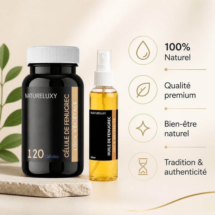 Pack Huile de Fenugrec 30mL 100% Naturelle Spray + 120 gélules de Fenugrec – infographie des bienfaits et des ingrédients clés