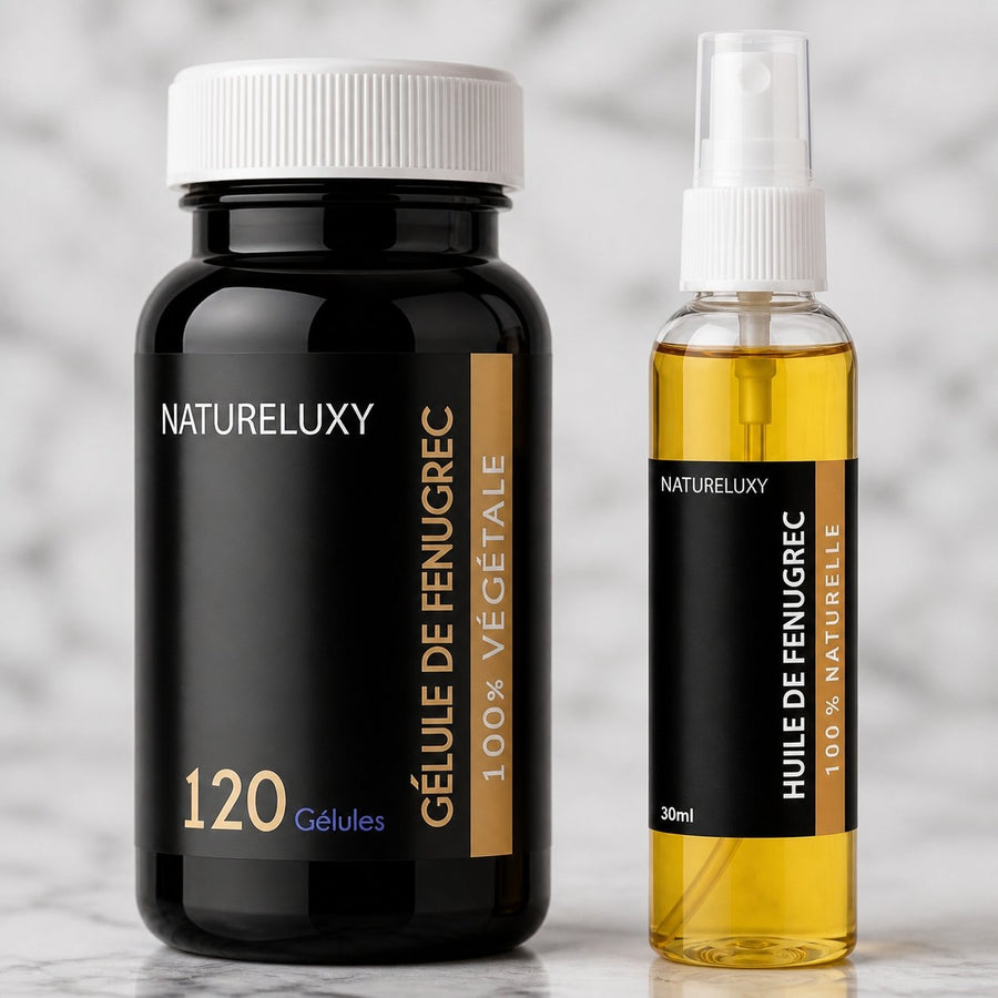 Pack Huile de Fenugrec 30mL 100% Naturelle Spray + 120 gélules de Fenugrec – gros plan sur les détails et la finition du packaging