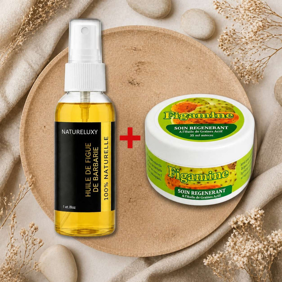 Pack Huile de Figue de Barbarie 30mL Spray + Crème de Figue de Barbarie – composition flat lay avec éléments naturels, vue du dessus