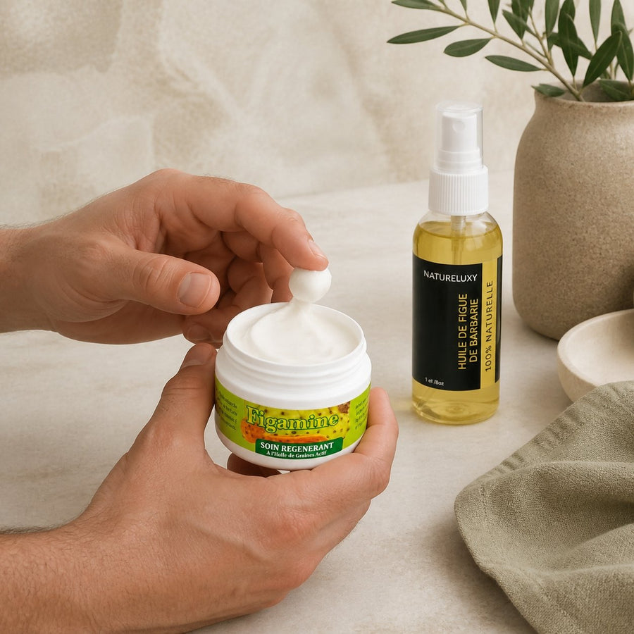 Pack Huile de Figue de Barbarie 30mL Spray + Crème de Figue de Barbarie – application en situation réelle, geste de soin quotidien