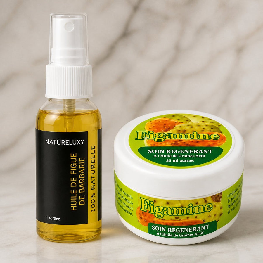 Pack Huile de Figue de Barbarie 30mL Spray + Crème de Figue de Barbarie – gros plan sur les détails et la finition du packaging