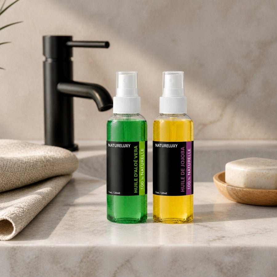 Pack Huile de Jojoba 30mL Spray + Huile d'Aloé Vera 30mL Spray – présentation du produit dans une salle de bain lumineuse et naturelle