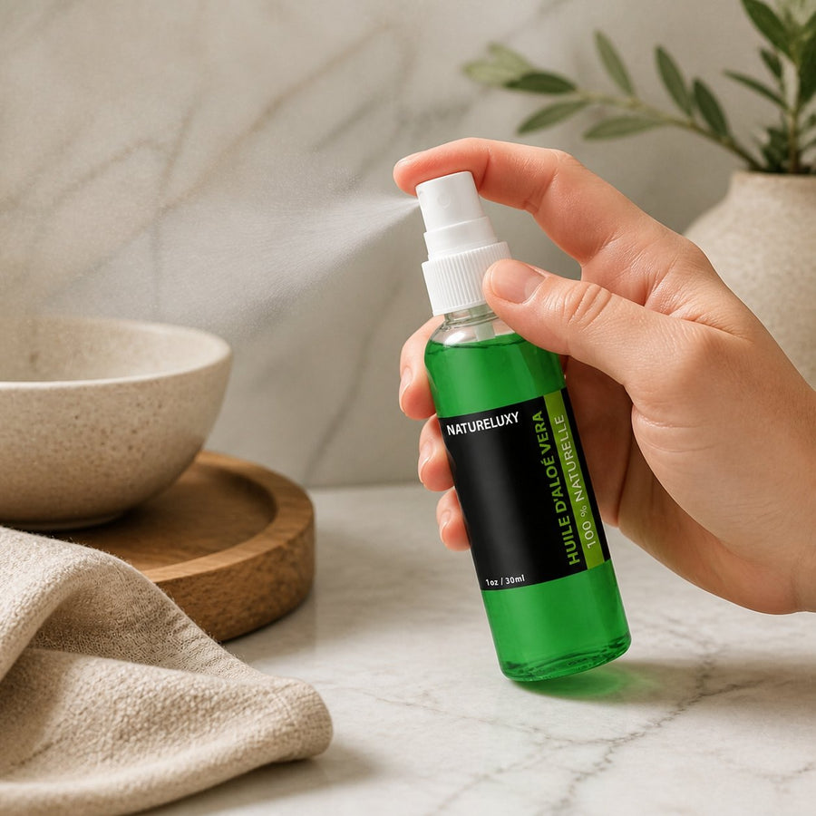 Pack Huile de Jojoba 30mL Spray + Huile d'Aloé Vera 30mL Spray – application en situation réelle, geste de soin quotidien