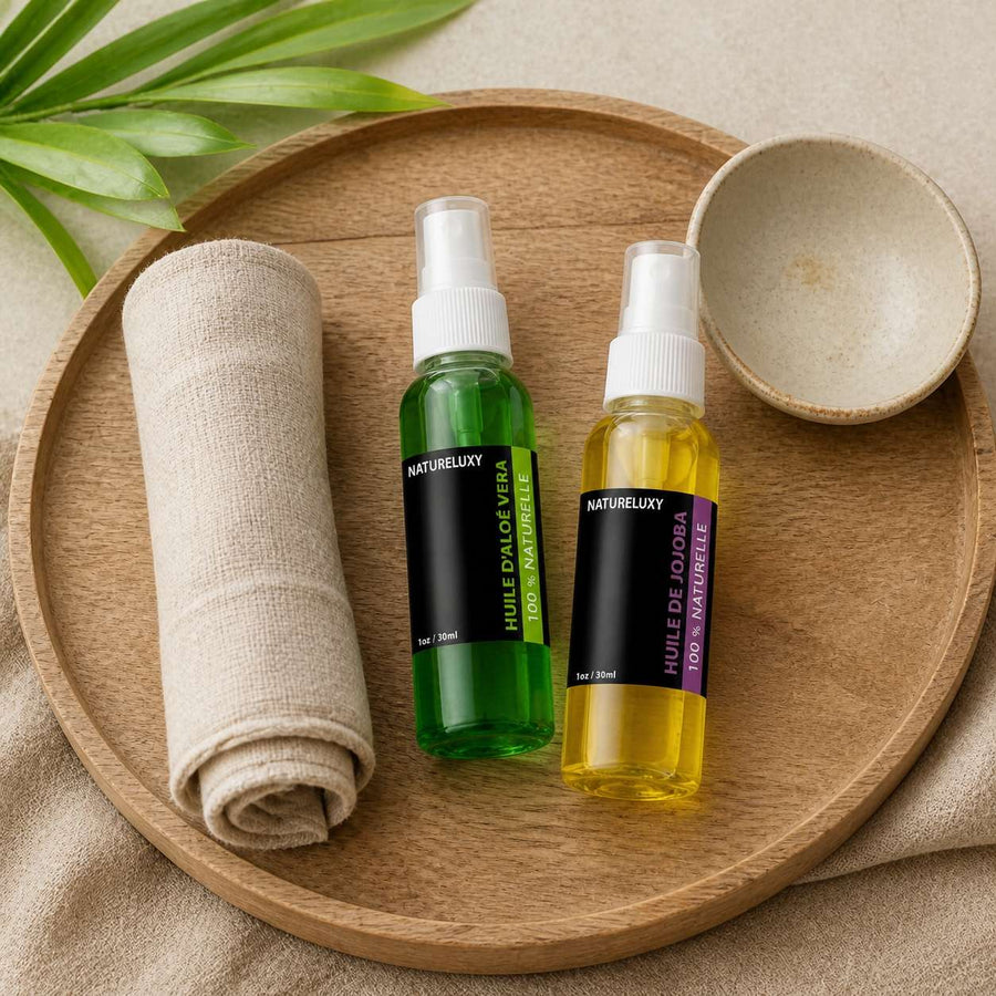 Pack Huile de Jojoba 30mL Spray + Huile d'Aloé Vera 30mL Spray – rituel d'utilisation vu du dessus, ambiance naturelle zen