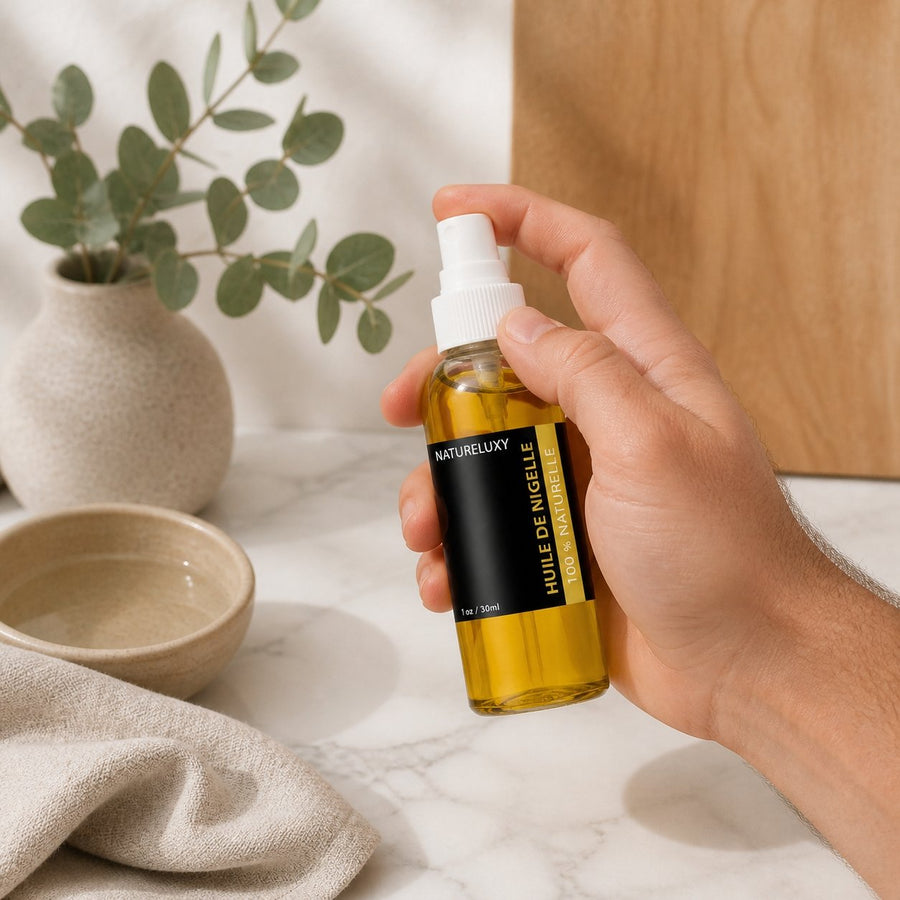 Pack Huile de Nigelle 30mL Spay + Huile de Propolis 30mL Hemani – application en situation réelle, geste de soin quotidien