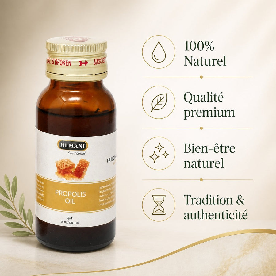 Pack Huile de Nigelle 30mL Spay + Huile de Propolis 30mL Hemani – infographie des bienfaits et des ingrédients clés