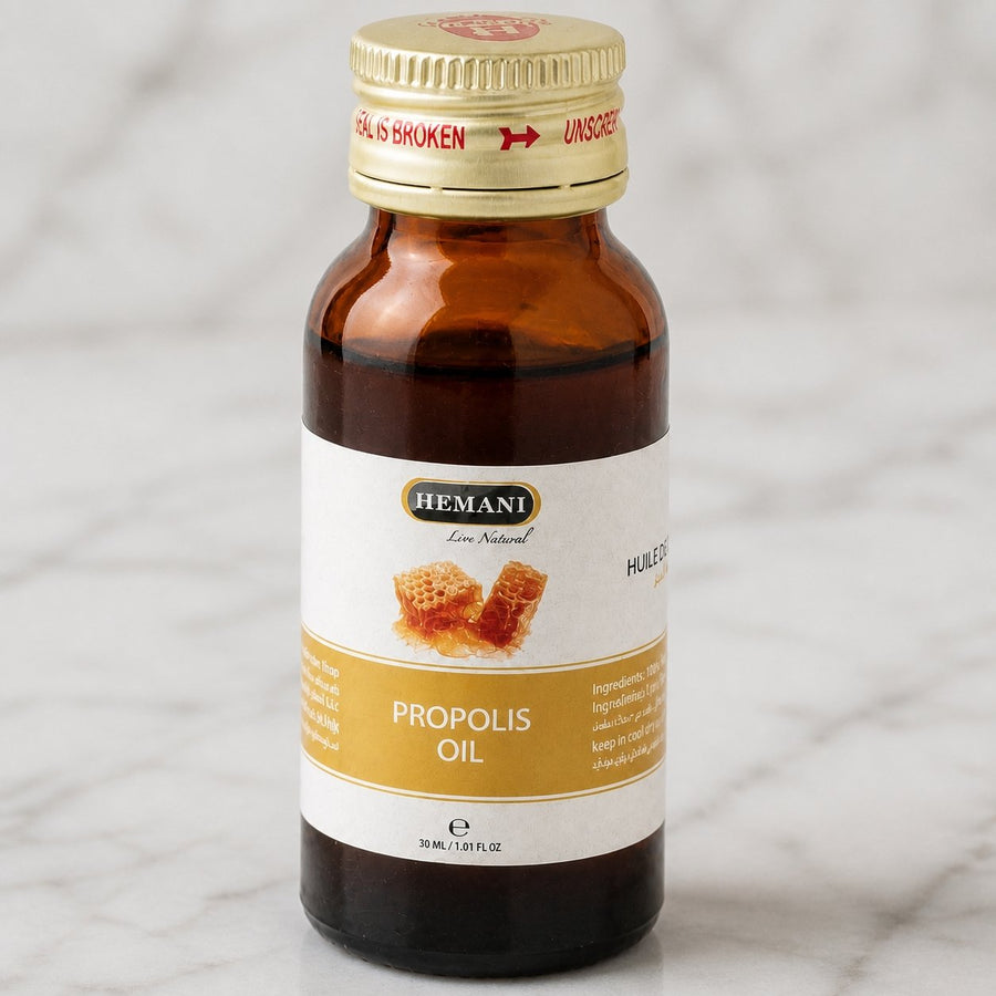 Pack Huile de Nigelle 30mL Spay + Huile de Propolis 30mL Hemani – gros plan sur les détails et la finition du packaging