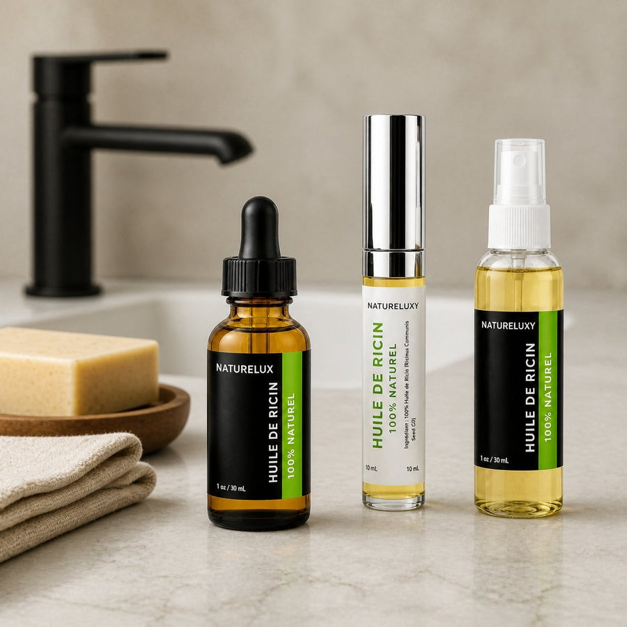 Pack Huile de Ricin Pipette 30mL + Huile de Ricin 30mL Spray + Huile de Ricin Mascara – présentation du produit dans une salle de bain lumineuse et naturelle