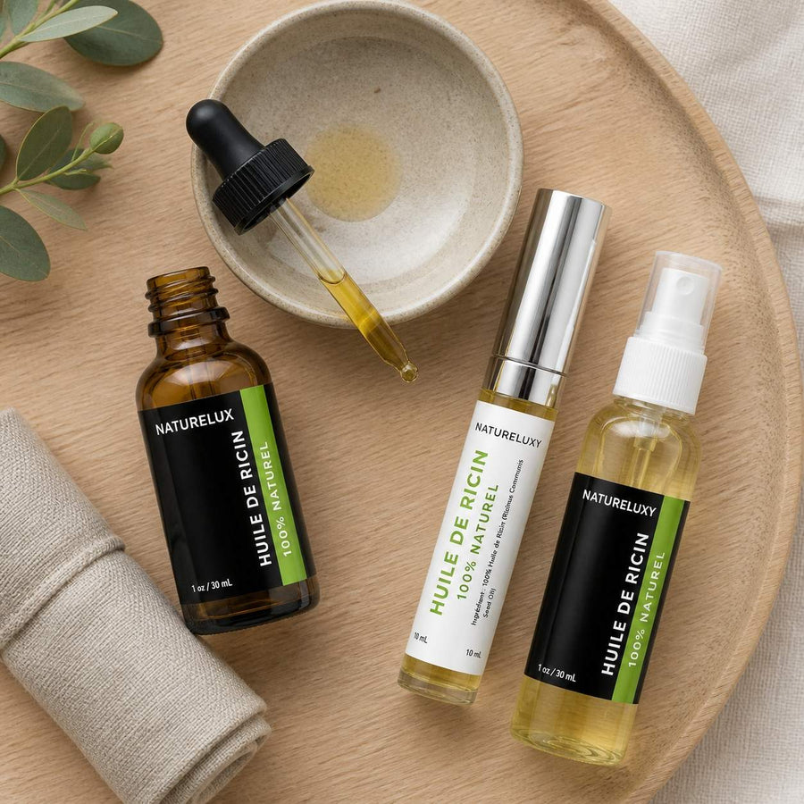 Pack Huile de Ricin Pipette 30mL + Huile de Ricin 30mL Spray + Huile de Ricin Mascara – rituel d'utilisation vu du dessus, ambiance naturelle zen