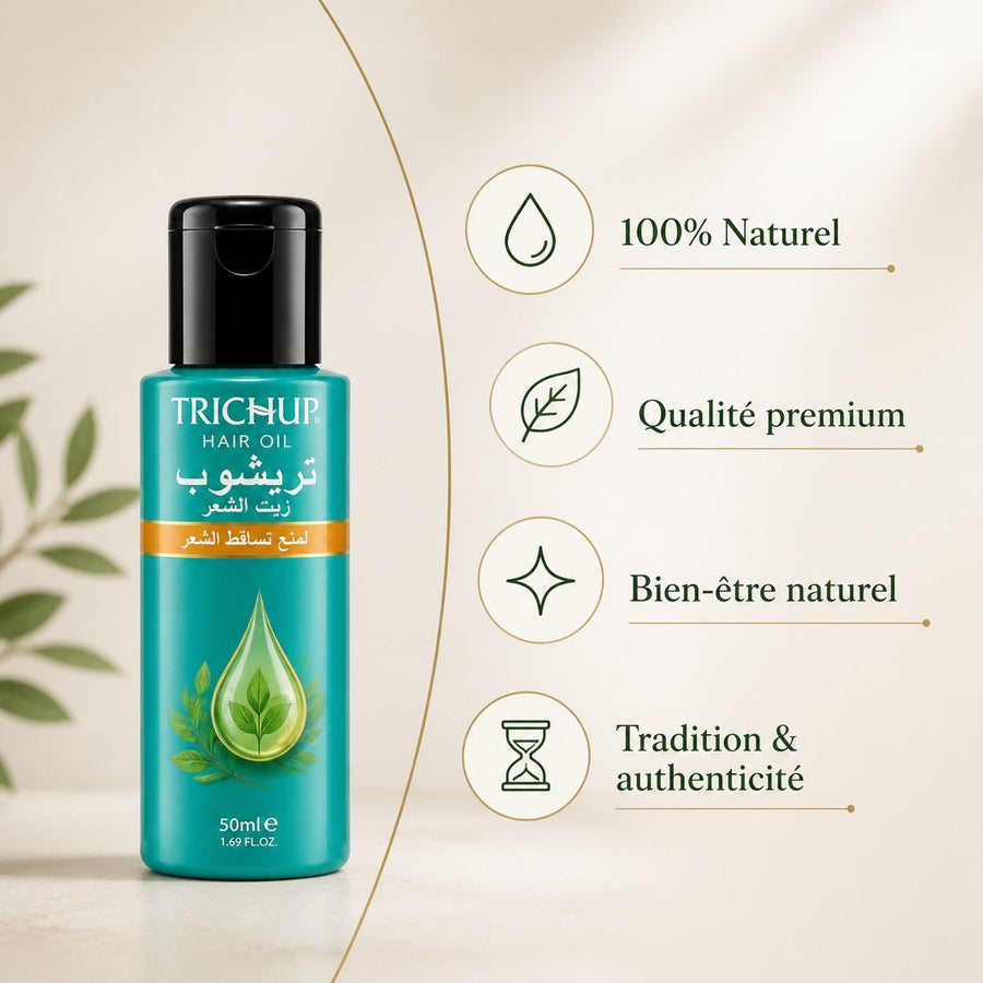 Pack Huile pour la Pousse des Cheveux 200mL + Huile Anti-chute 100mL Trichup – infographie des bienfaits et des ingrédients clés