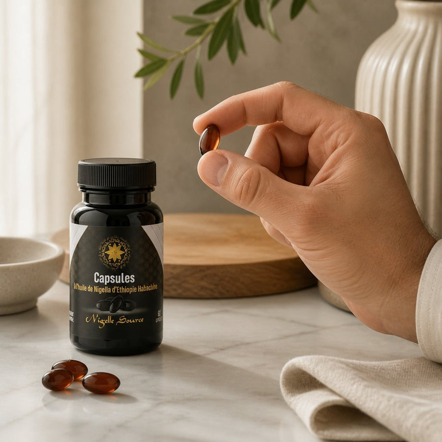 Pack Nigelle d’Éthiopie 99% – 60 Capsules (500 mg) + Huile 100 mL – Cosmétique & Comestible – application en situation réelle, geste de soin quotidien