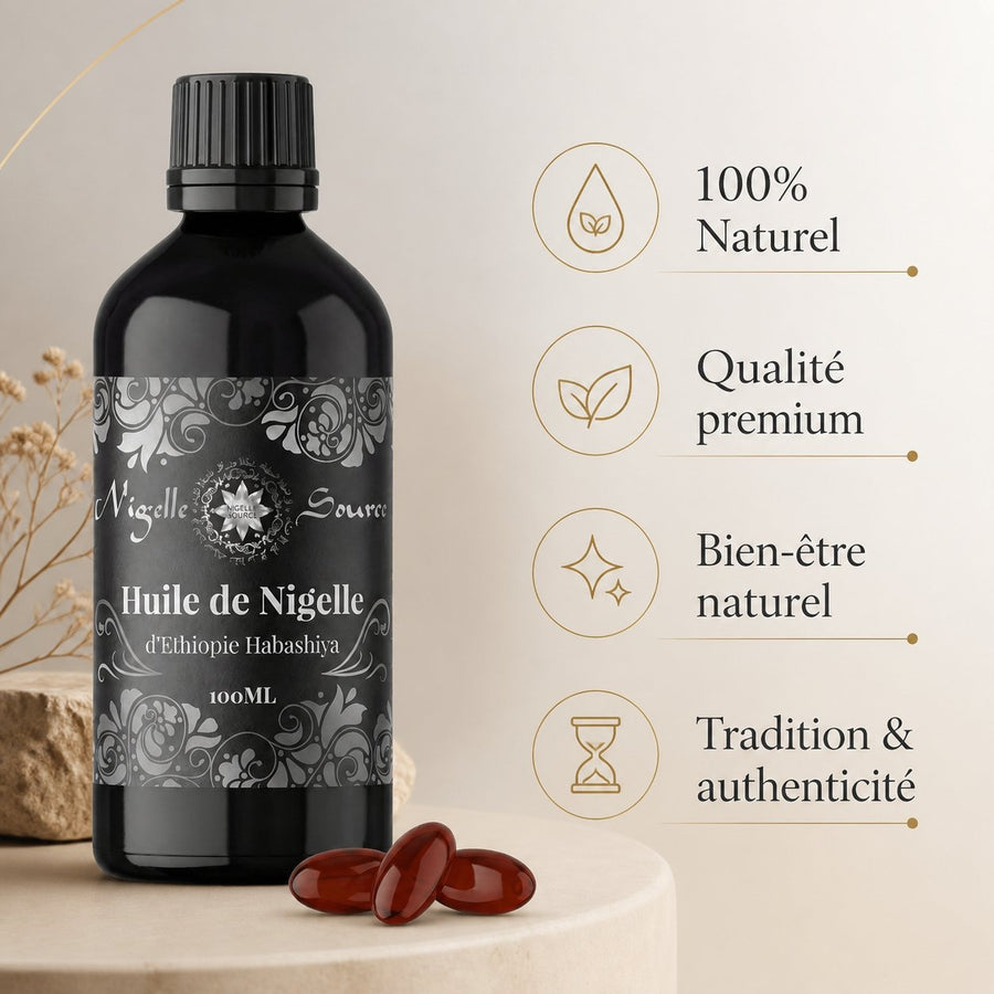 Pack Nigelle d’Éthiopie 99% – 60 Capsules (500 mg) + Huile 100 mL – Cosmétique & Comestible – infographie des bienfaits et des ingrédients clés