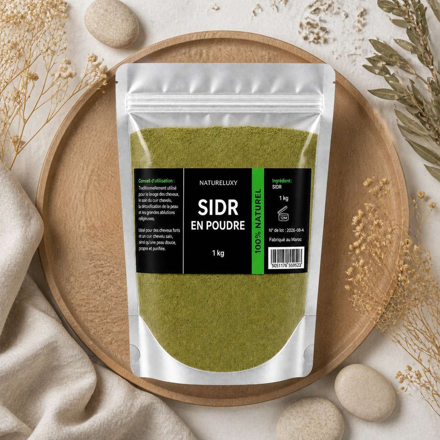 Pack Sidr 2 kg — Poudre + Feuilles de Jujubier – composition flat lay avec éléments naturels, vue du dessus