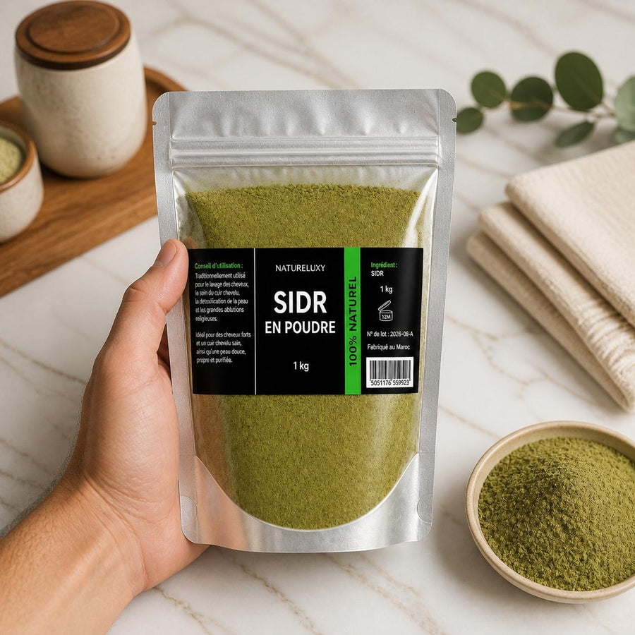 Pack Sidr 2 kg — Poudre + Feuilles de Jujubier – application en situation réelle, geste de soin quotidien