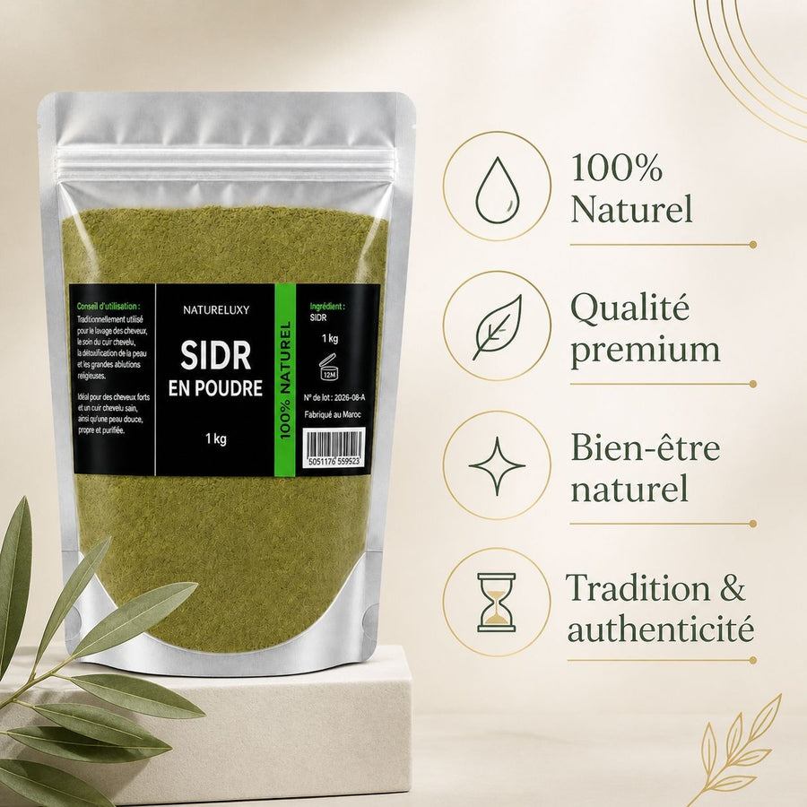 Pack Sidr 2 kg — Poudre + Feuilles de Jujubier – infographie des bienfaits et des ingrédients clés