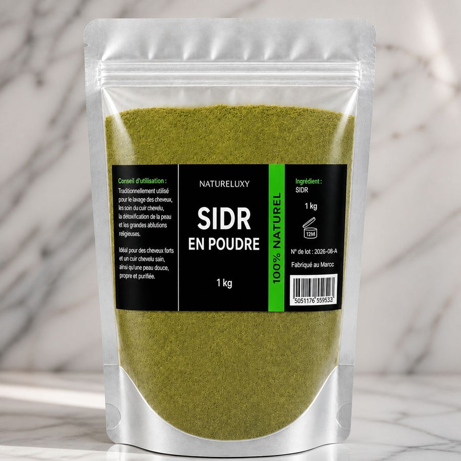 Pack Sidr 2 kg — Poudre + Feuilles de Jujubier – gros plan sur les détails et la finition du packaging